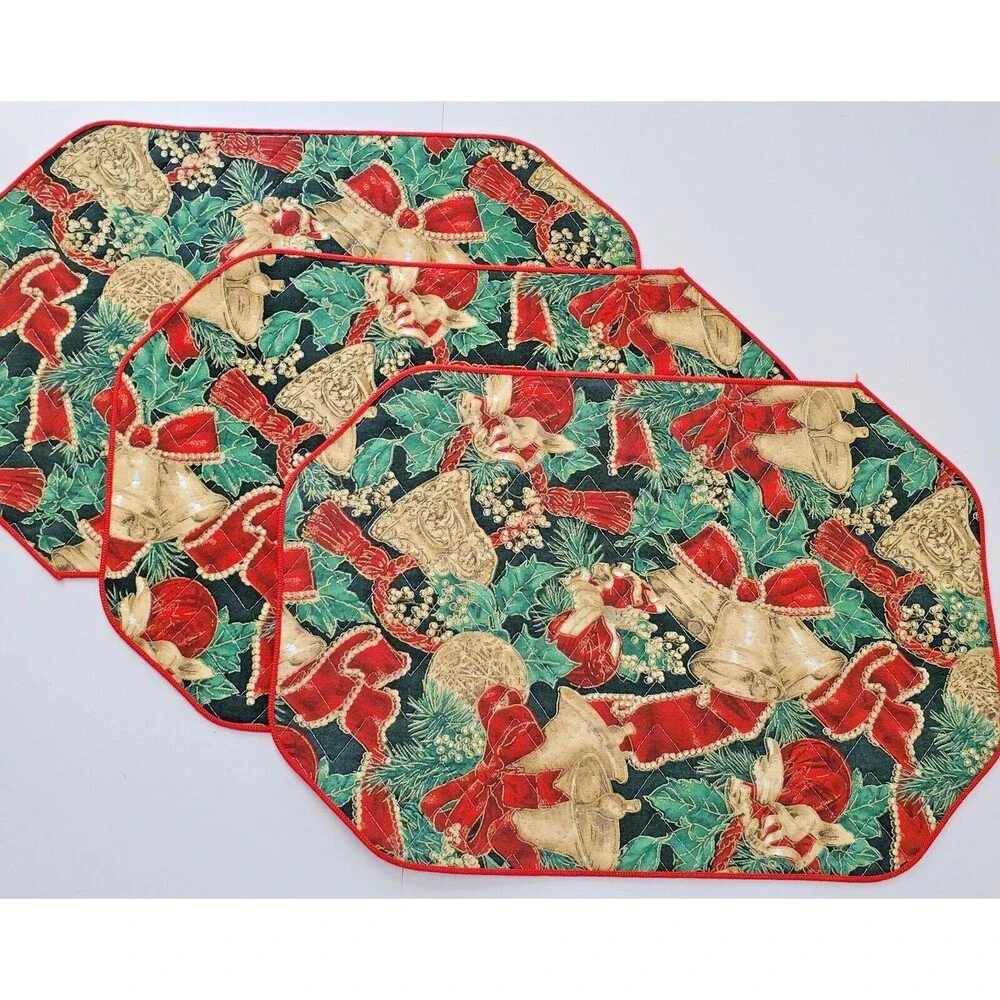 Vintage Placemats 4 Quilted Christmas Bells Red Green Black Gold Octagon 17x12